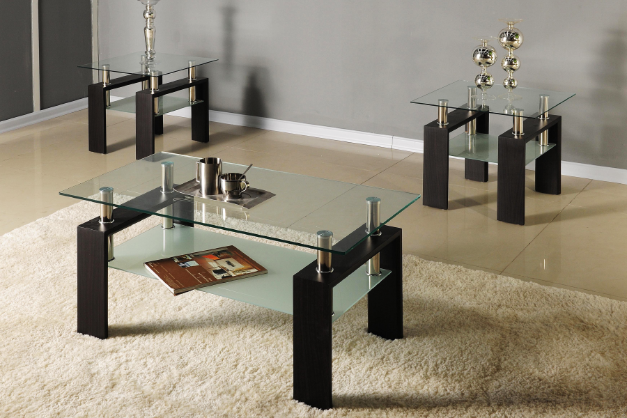 Runnymede 3-piece glass coffee table set with espresso and chrome