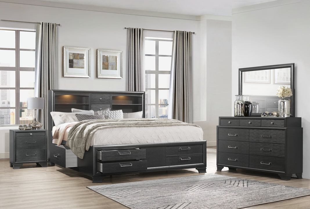 Jordyn-Grey Ava platform bed with grey lacquer finish and lighted headboard