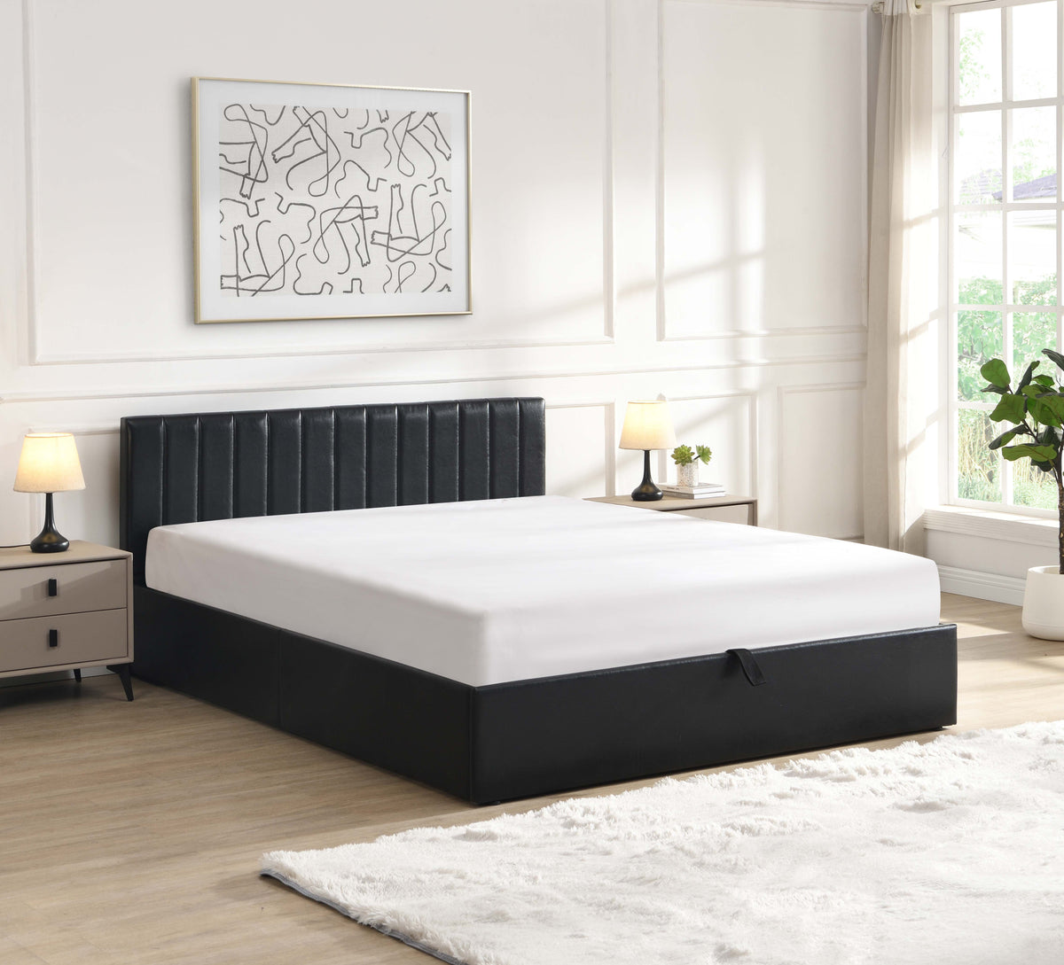 Beverley black faux-leather platform bed with hydraulic lift storage