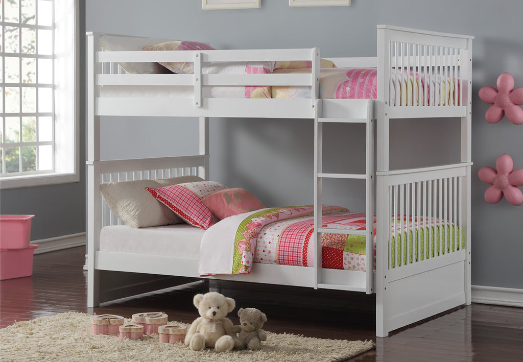 White mission-style double over double bunk bed