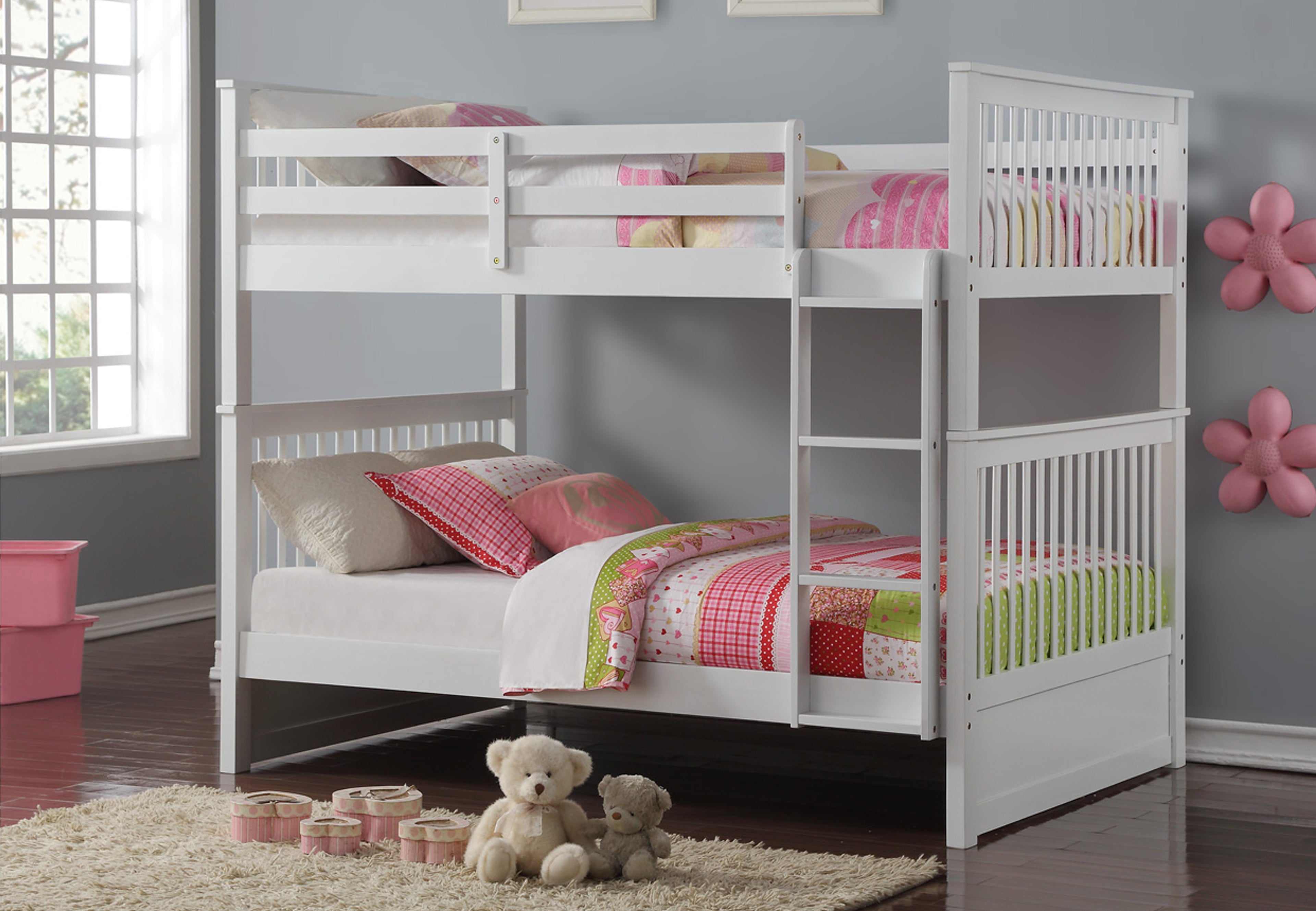 White mission-style double over double bunk bed