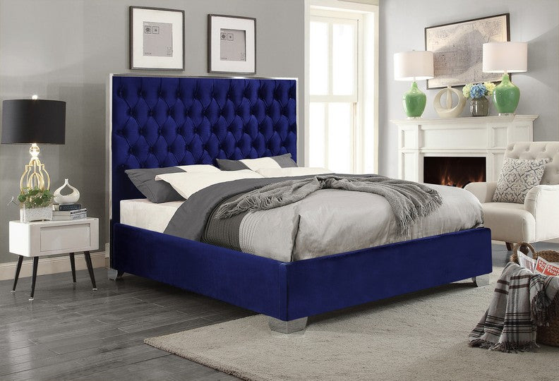 Monarch blue velvet bed with chrome trim