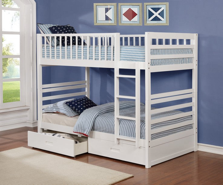White single over single bunk bed with storage drawers