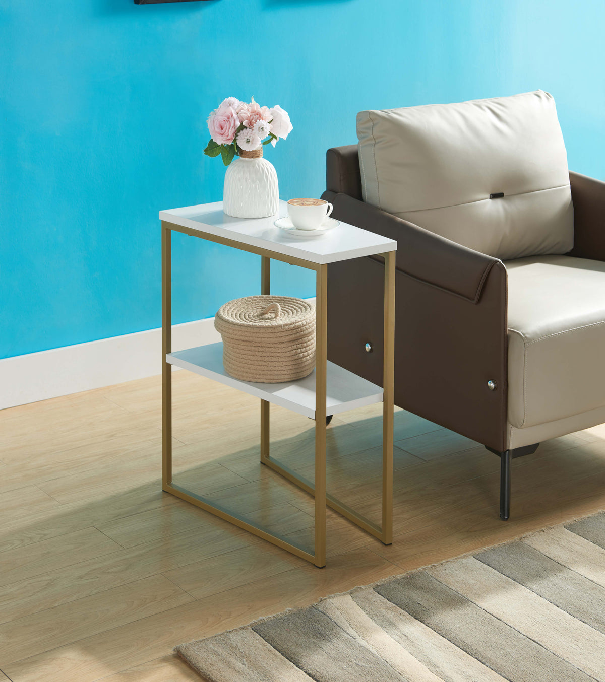 Yorkville C-shape side table with gold frame and white top