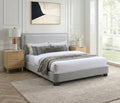 Tyndall light grey fabric bed with black wood legs
