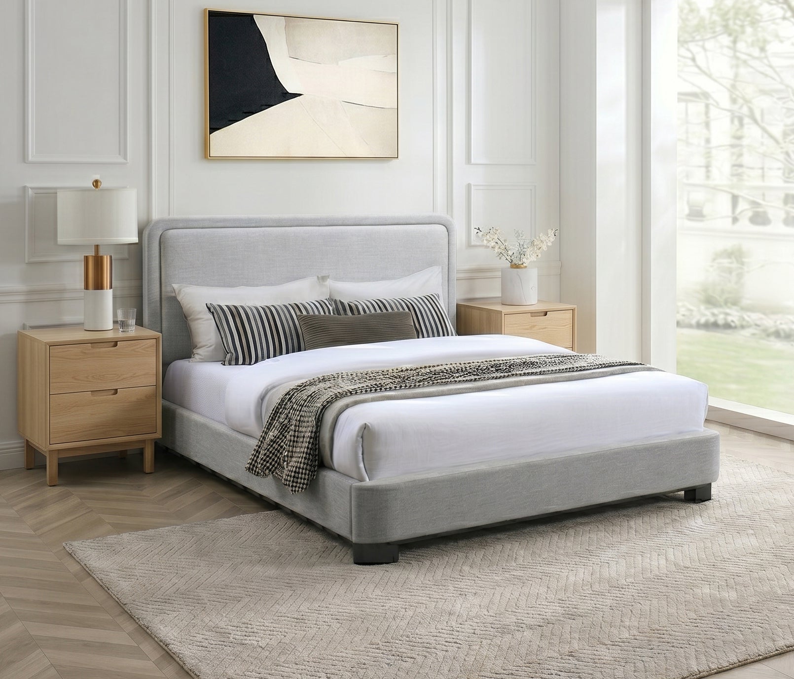 Tyndall light grey fabric bed with black wood legs