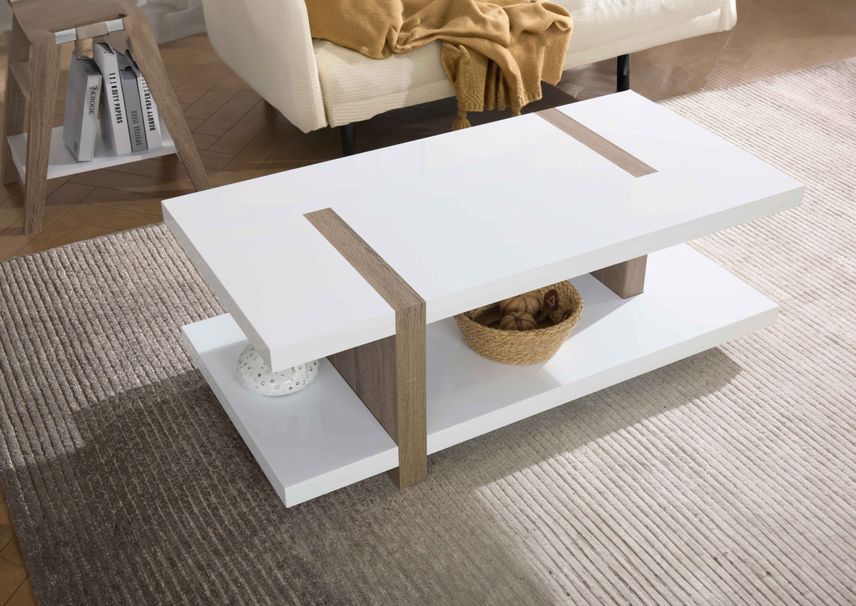 Swansea white coffee table with natural wood inserts