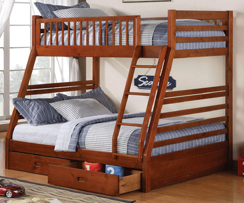 Honey finish single over double bunk bed with storage drawers