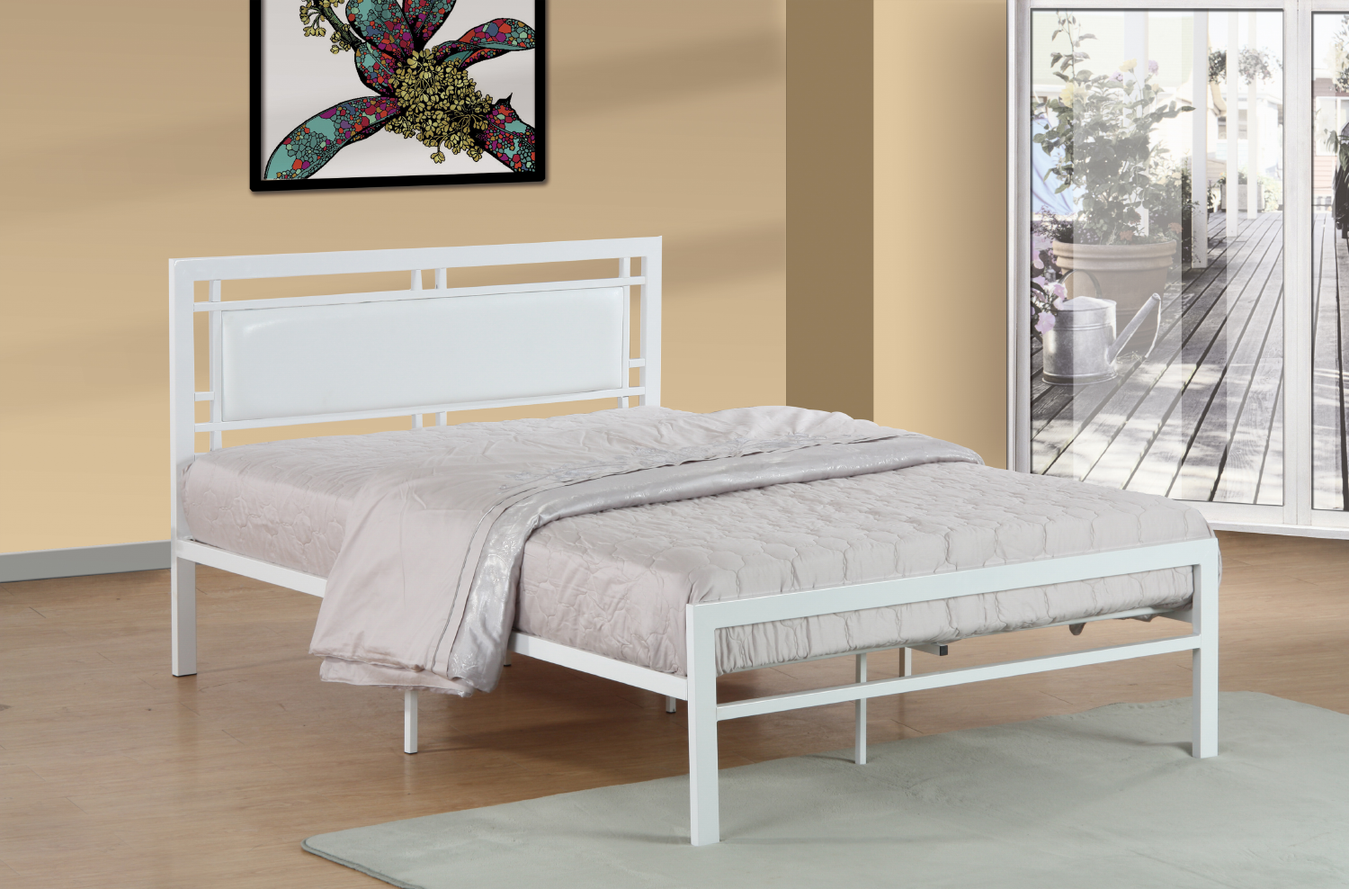 Lakeshore white metal bed frame in bright bedroom