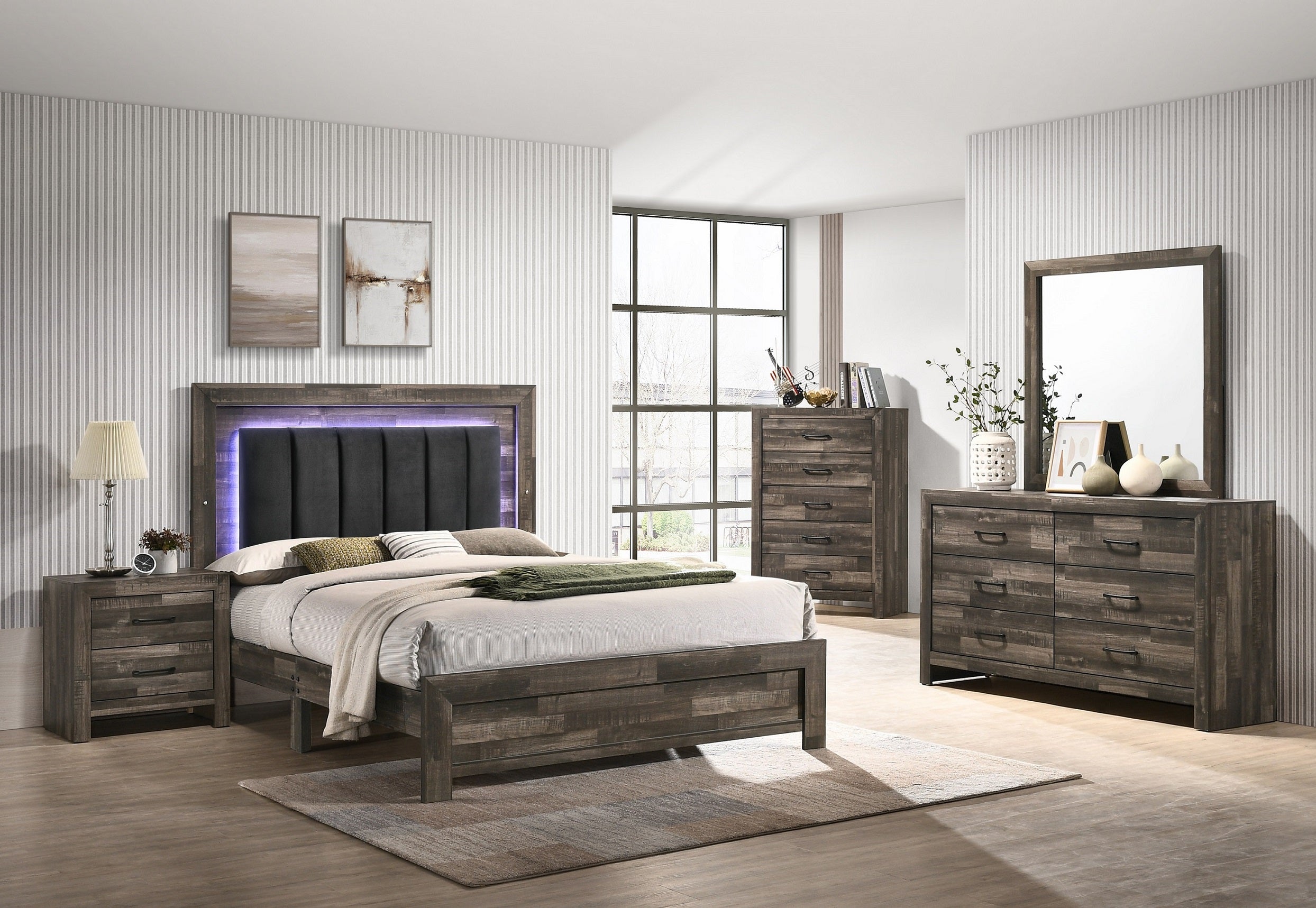 Athens driftwood brown farmhouse bed with black velvet headboard