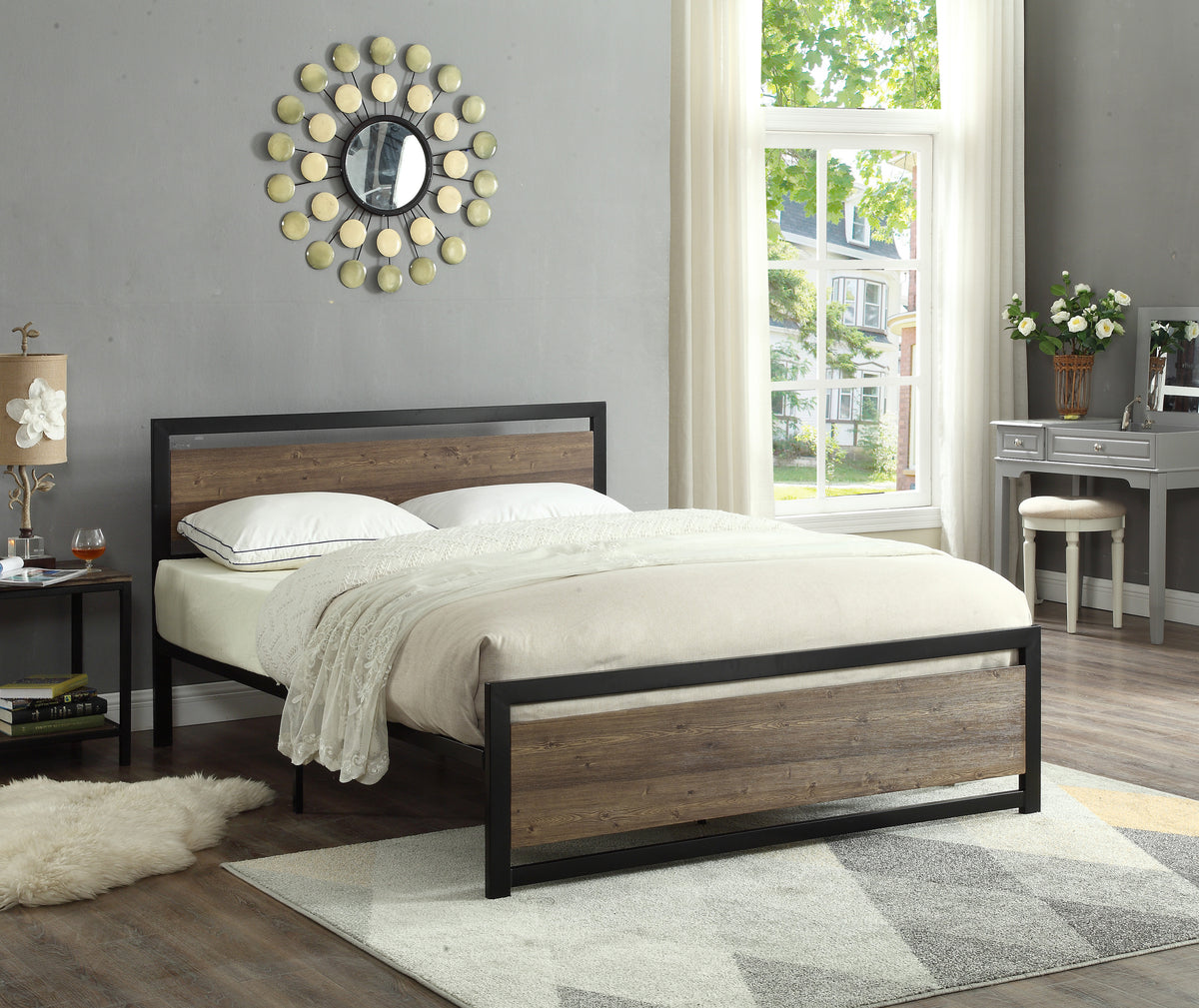 Oakwood wood-panel bed with steel frame