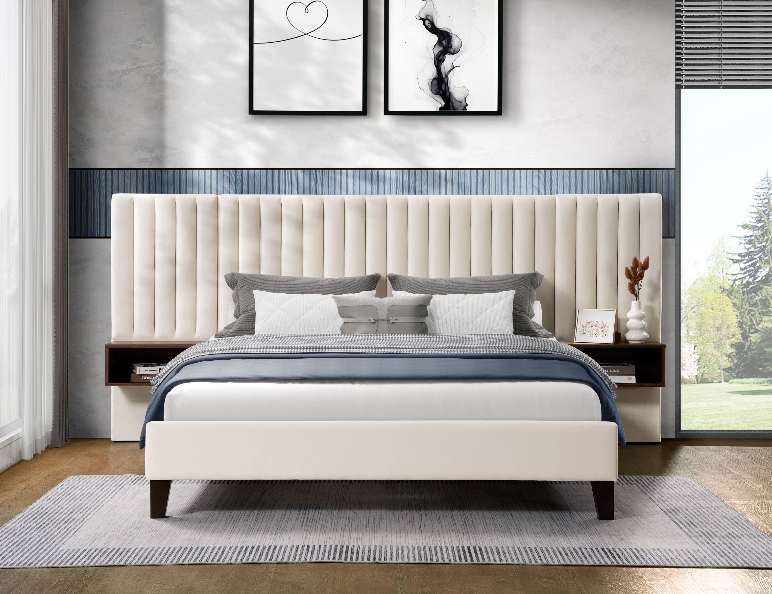Westmount beige velvet bed with floating nightstands