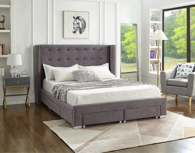 Bellwoods grey velvet wing bed with nailhead trim