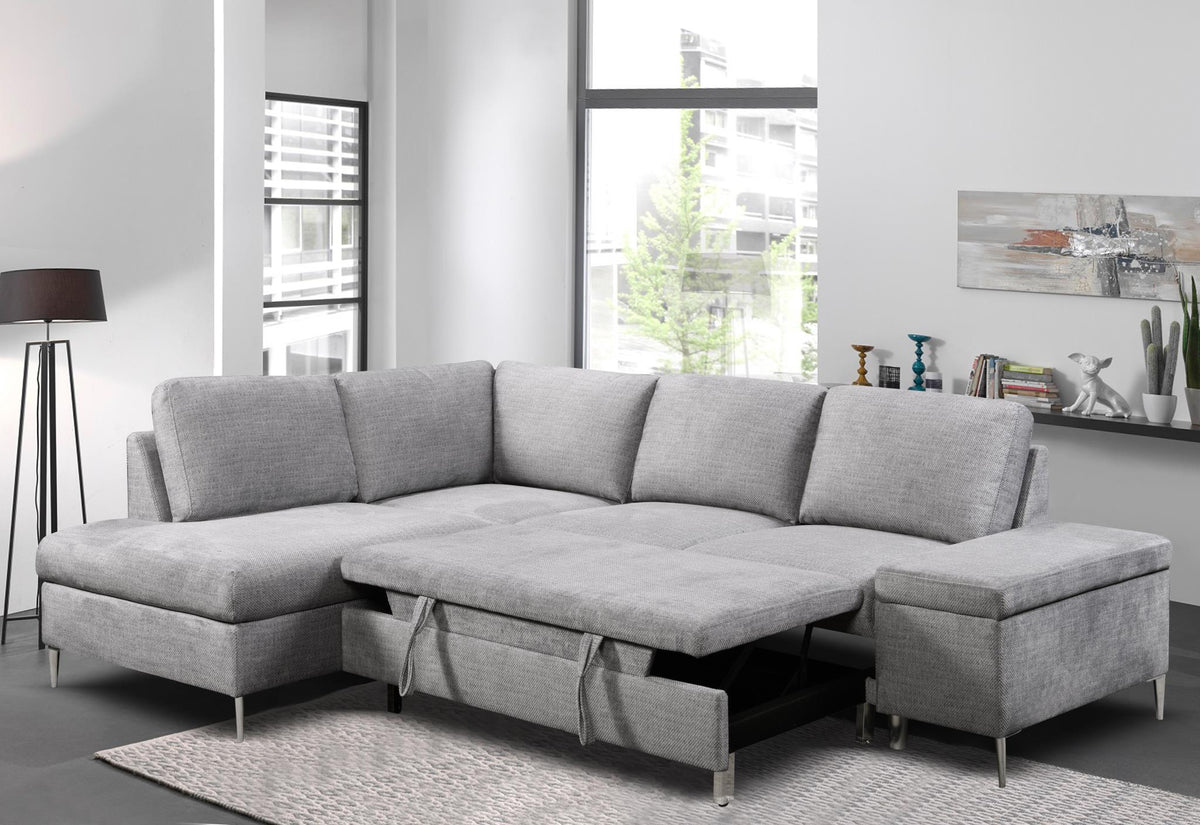 Neville left facing sofa bed sectional in grey fabric with storage