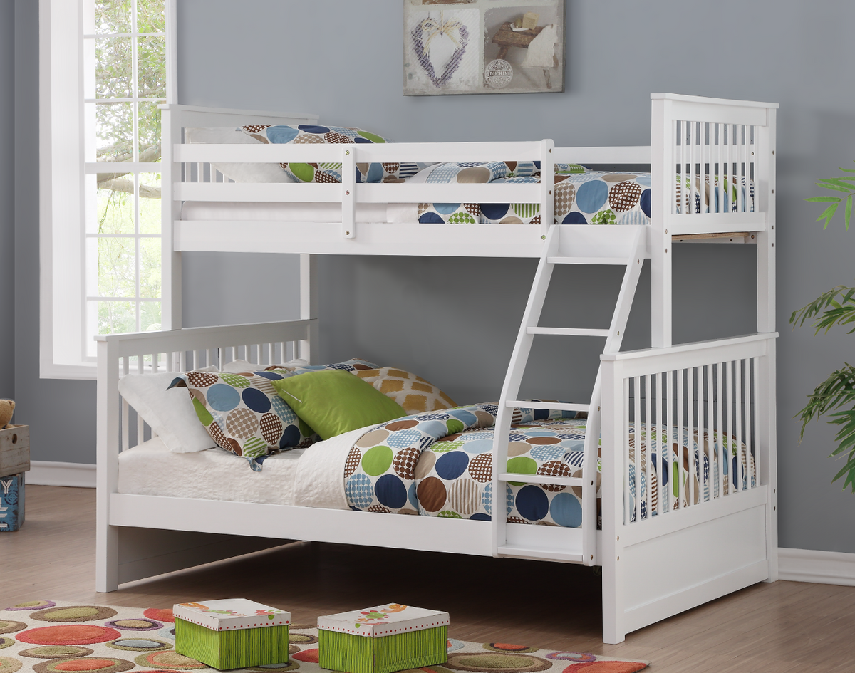 White mission-style single over double bunk bed