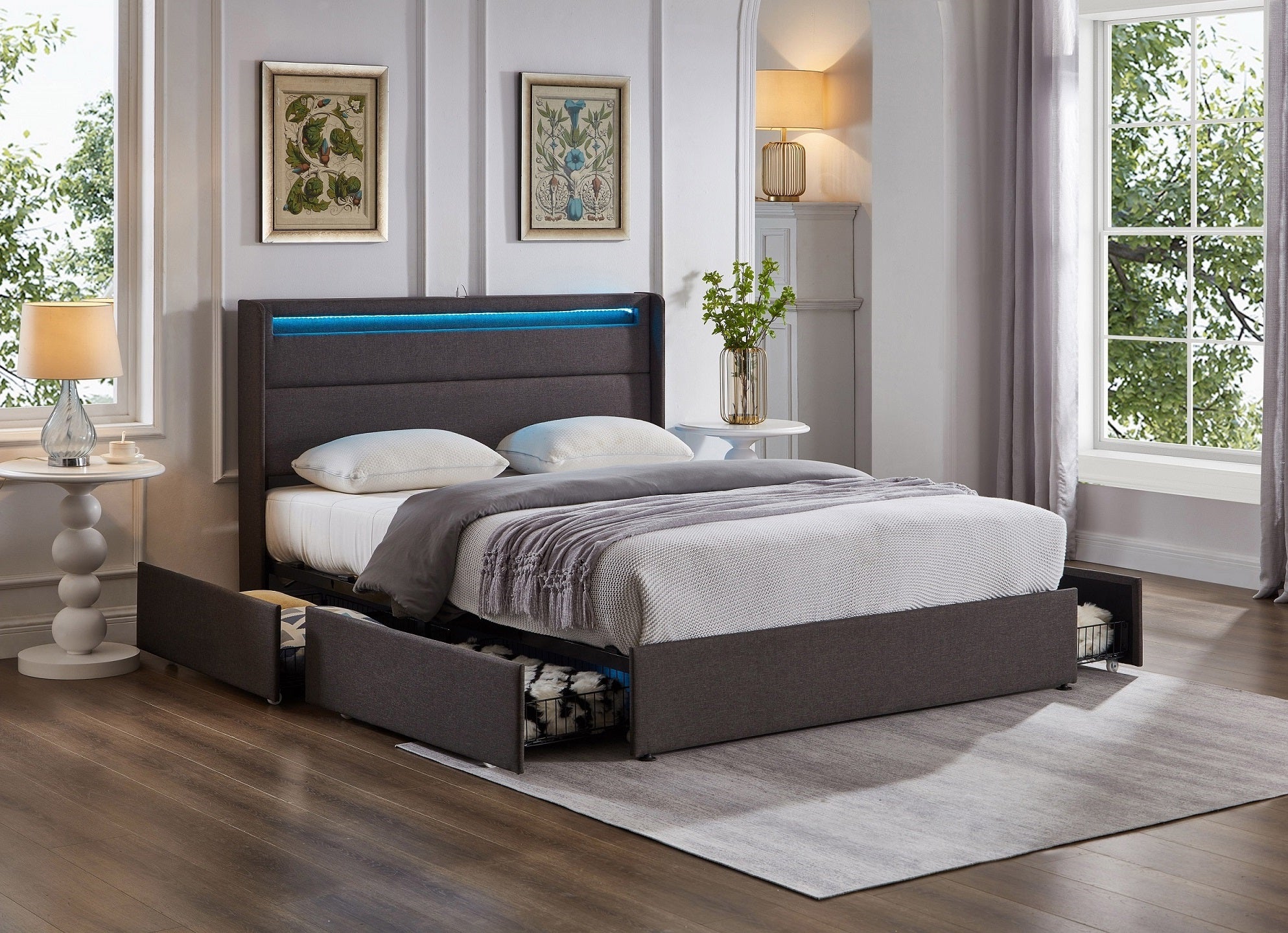 Gilbert grey fabric bed with LED lights and charging station