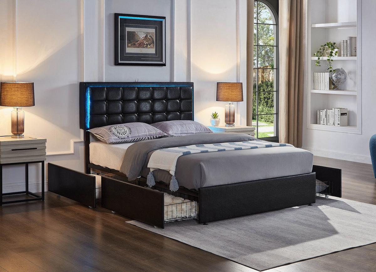 Shaftesbury black faux-leather storage bed with LED lighting