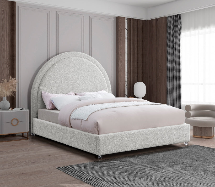 Cloverdale creme boucle bed with clear acrylic legs