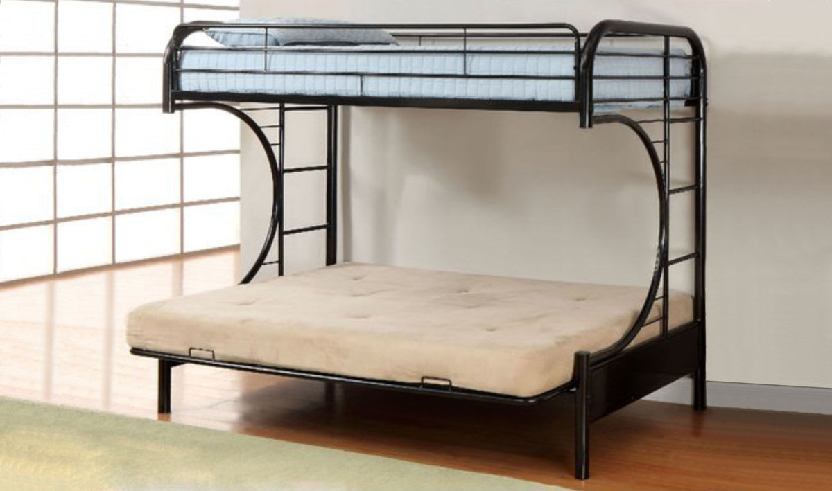 Dovercourt black steel futon bunk bed with single top bunk and futon sofa below