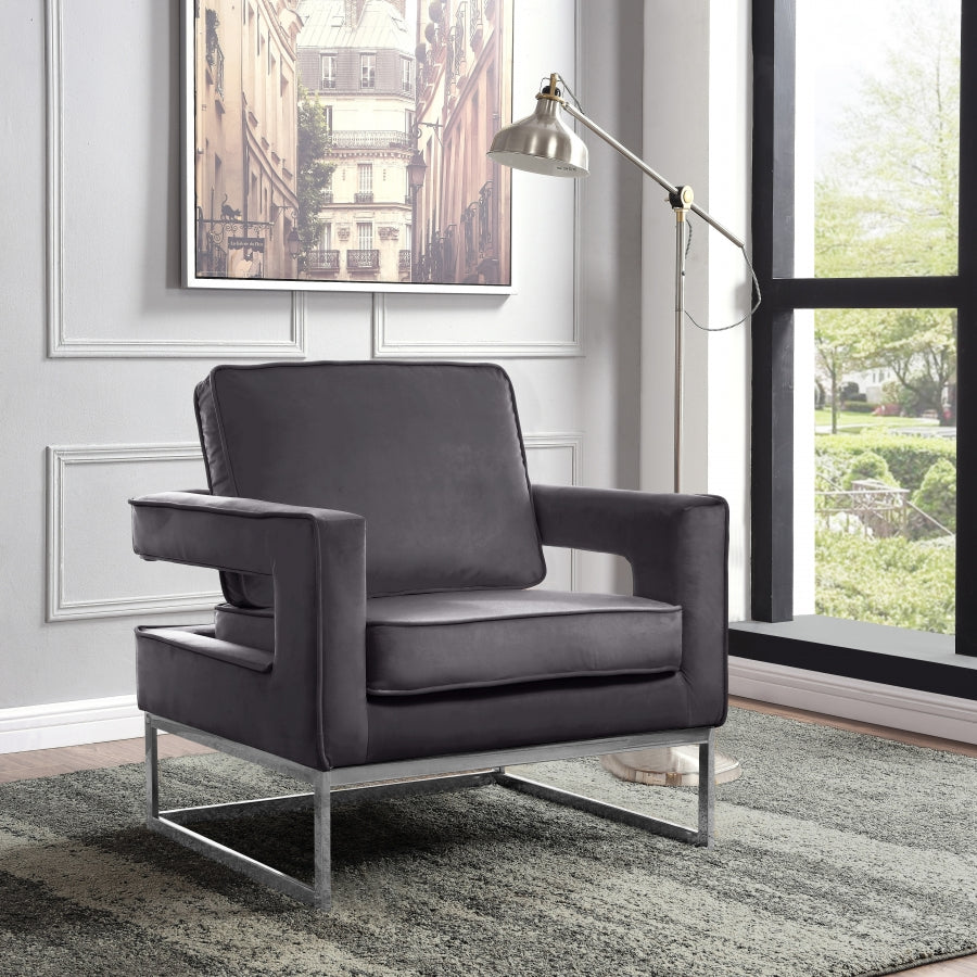 Vermont grey velvet accent chair with chrome base