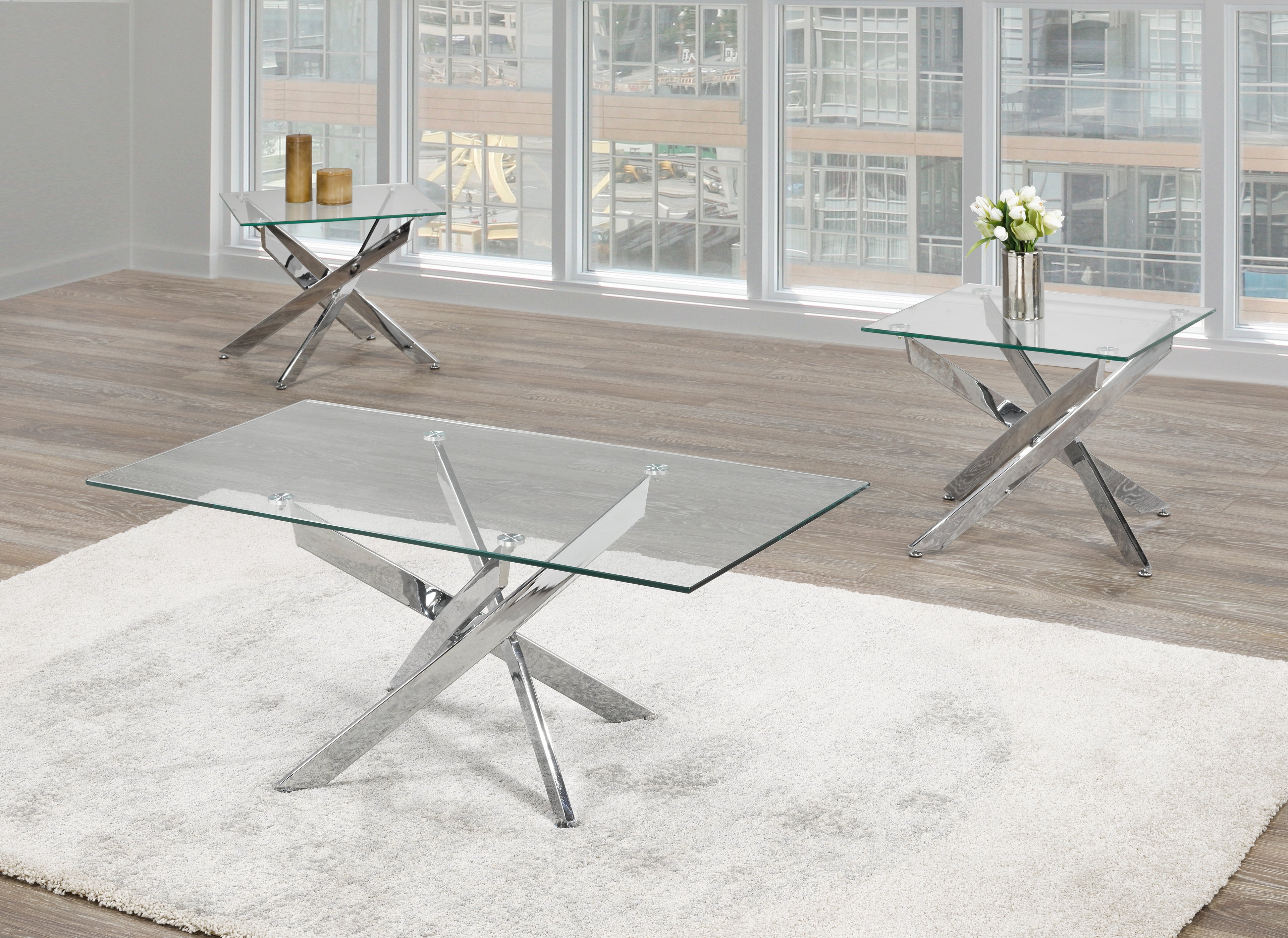 Fallingbrook glass top coffee table set with stainless steel legs