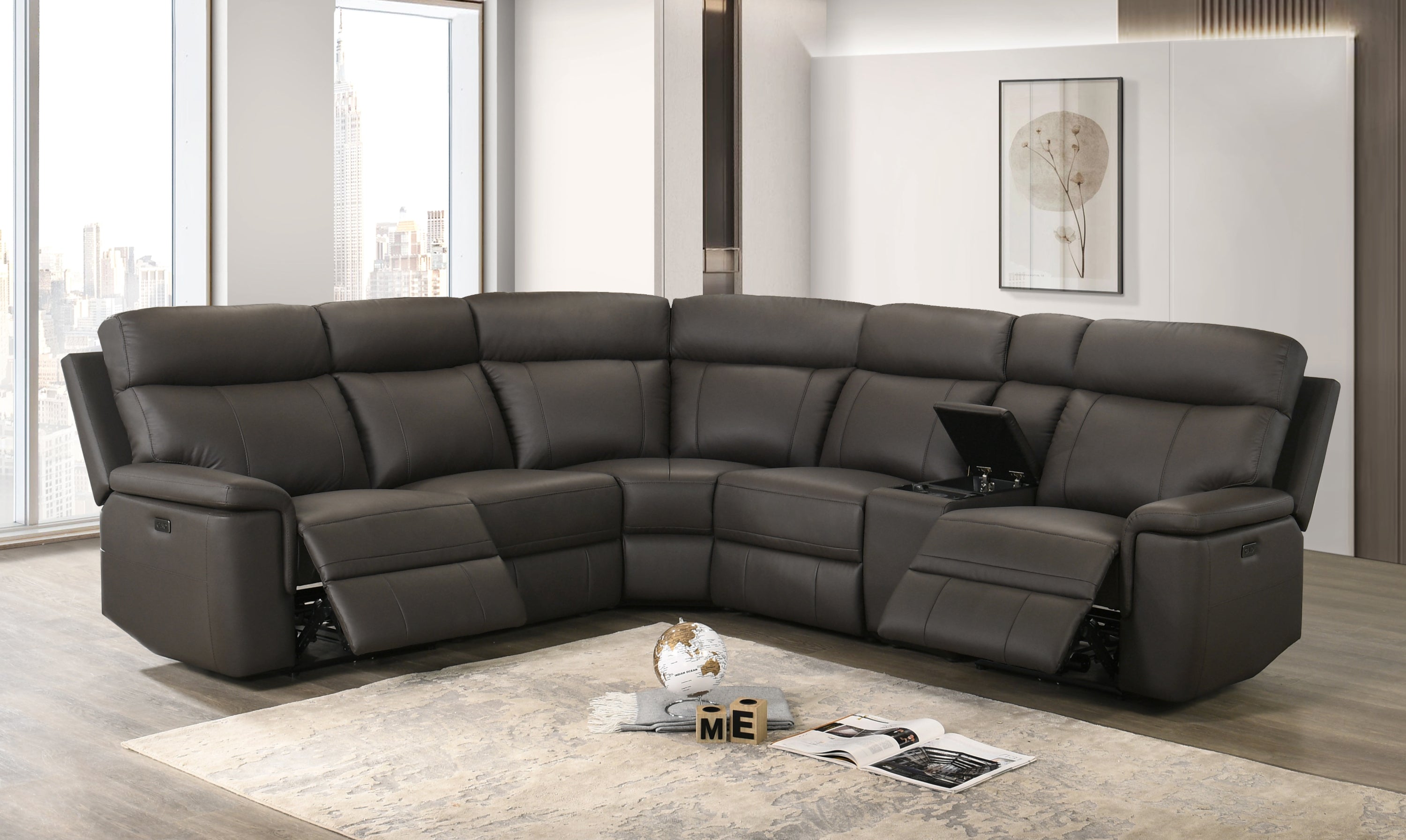 Bayfront chocolate brown leather power reclining sectional