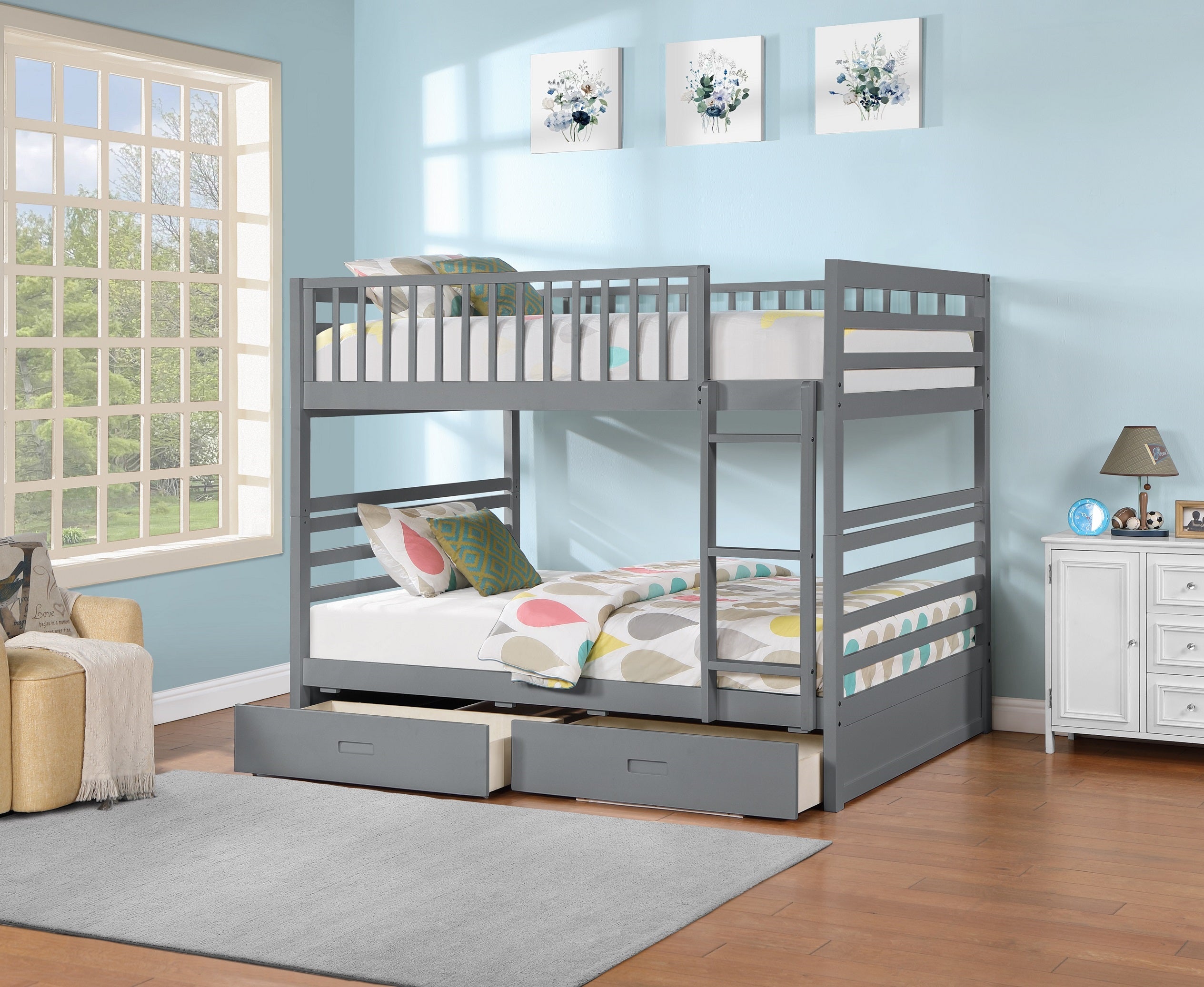 Grey double over double bunk bed with storage drawers