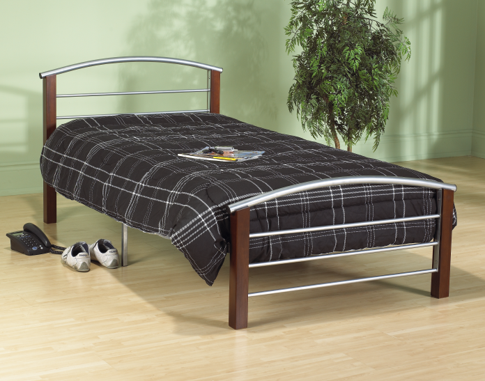 Georgian silver metal single bed frame with espresso wood posts