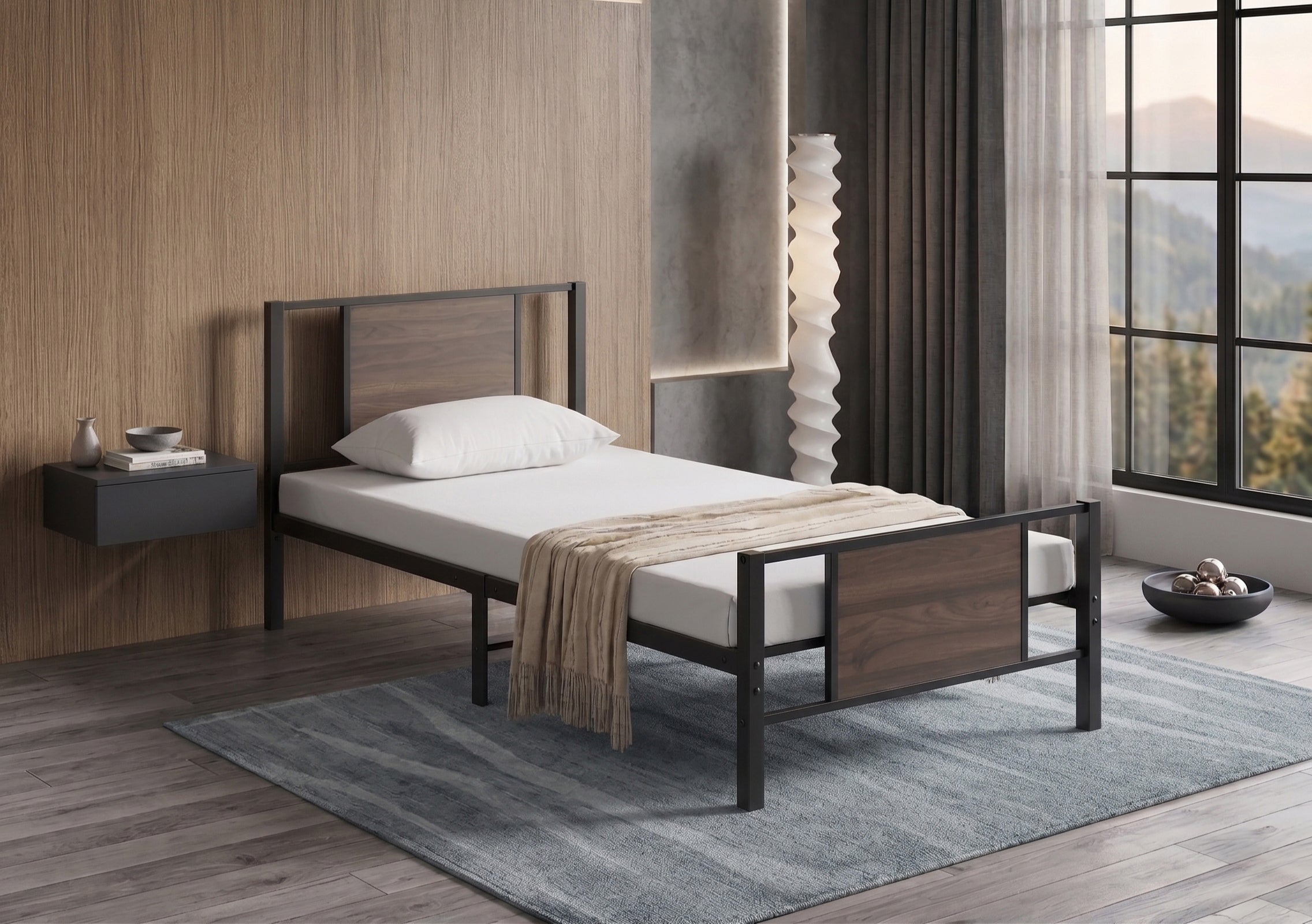 Ironwood black steel bed with wood panel accents
