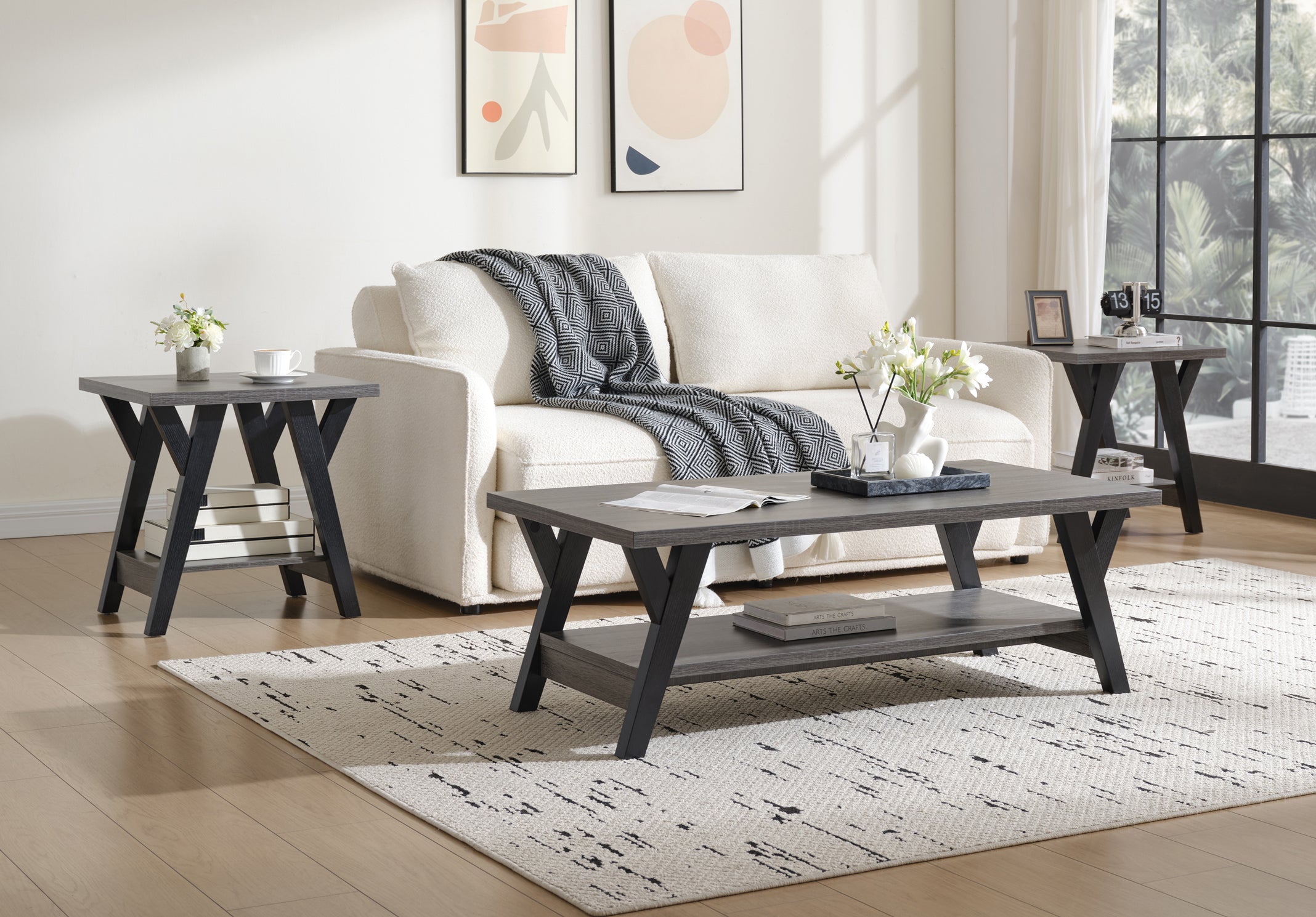 Logan 3-piece coffee table set with wood tops and black legs