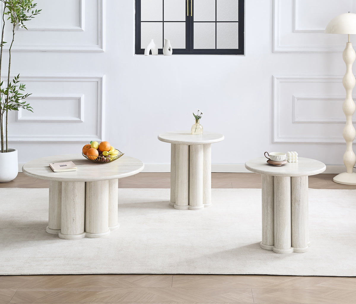 Tremont travertine-look pedestal coffee table set