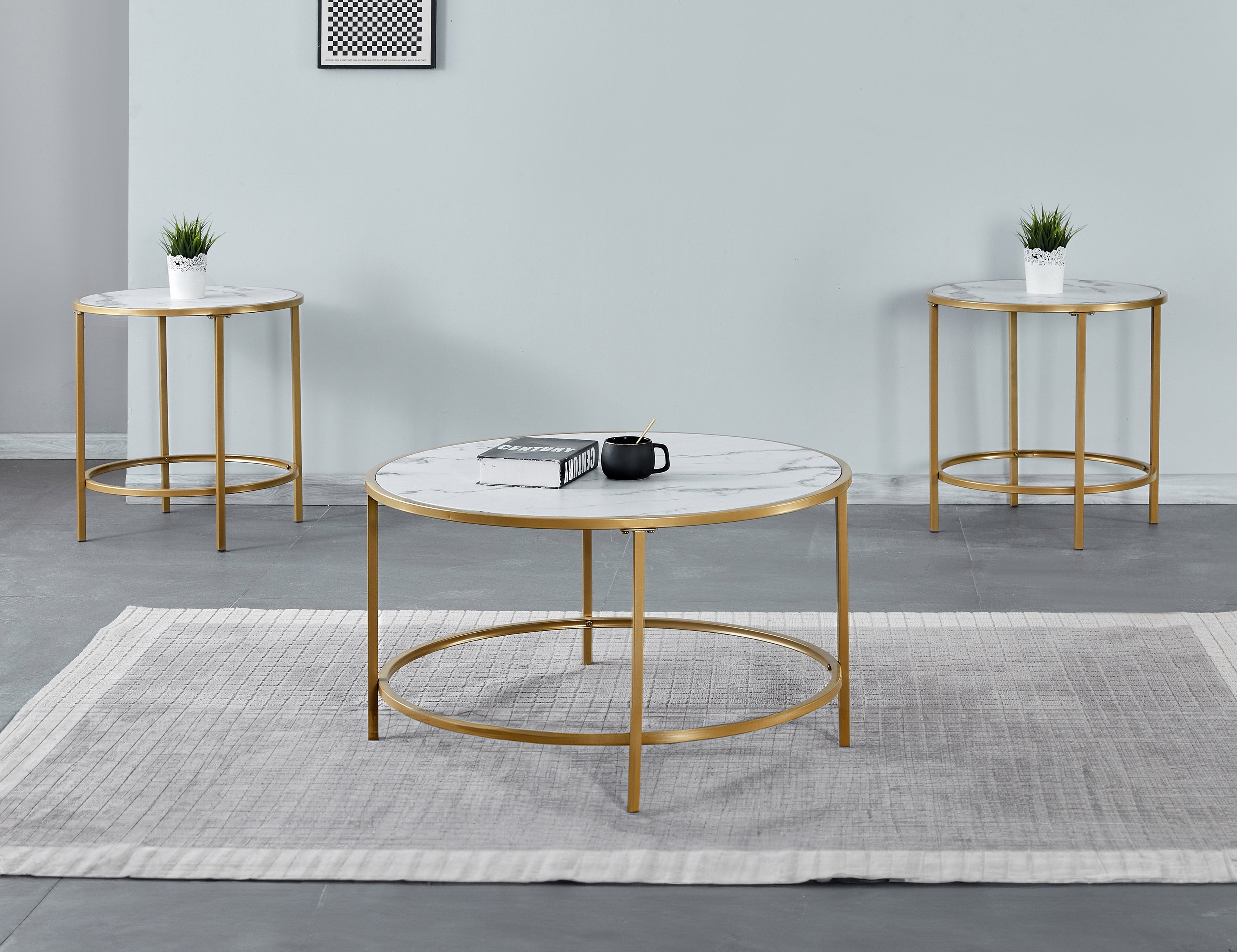 Avondale coffee table set with gold base and faux marble top