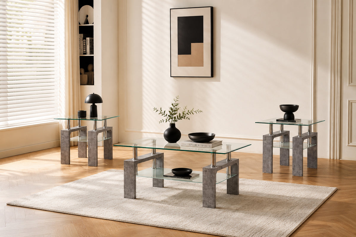 Geary industrial modern coffee table set shown in multiple finishes