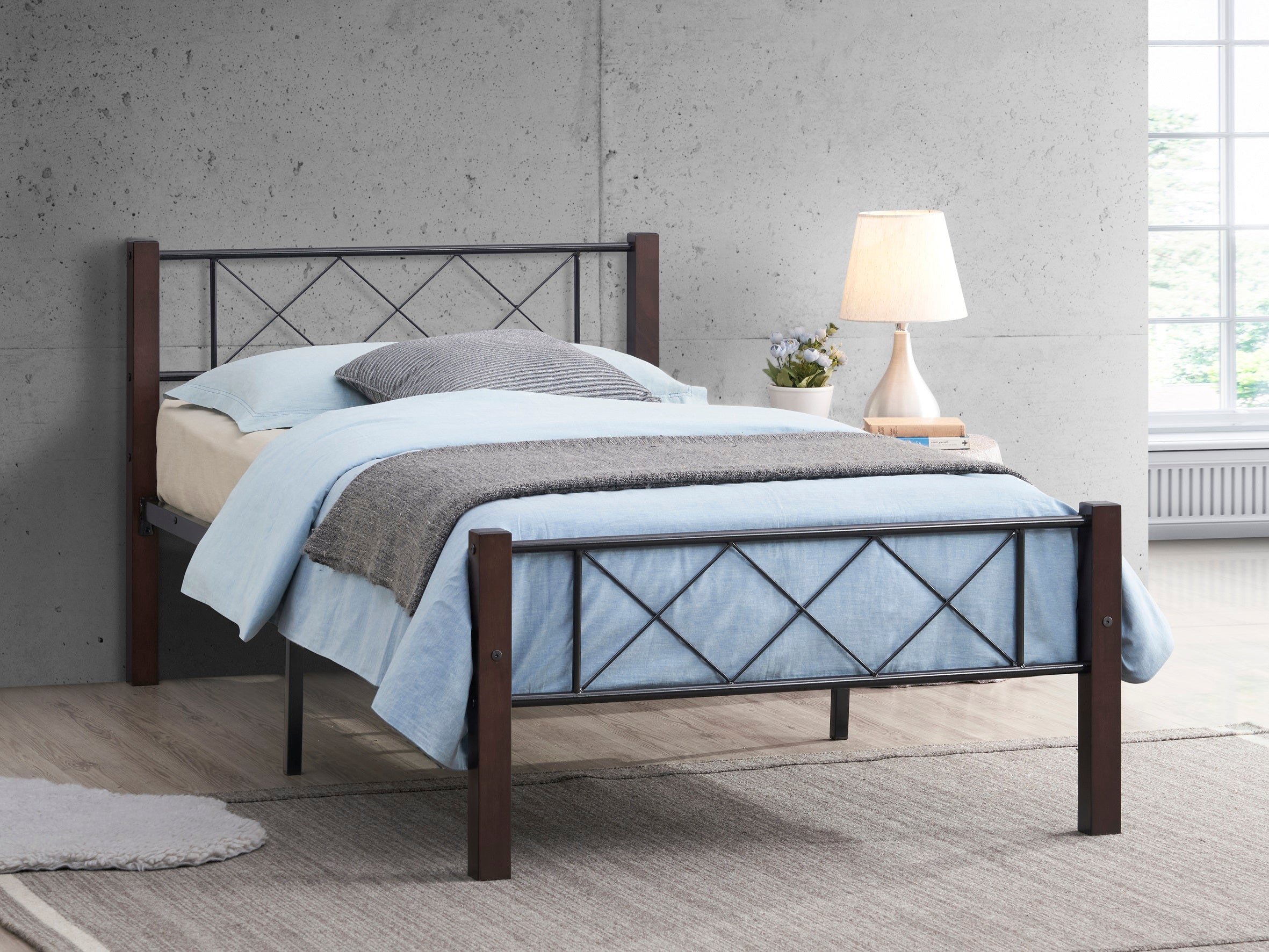 Muskoka black steel bed frame with espresso wood posts