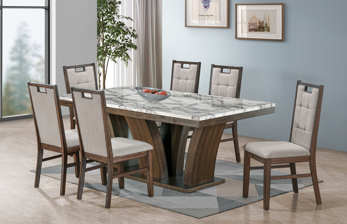 Caledon 7-piece dining set with rustic brown faux marble top and six chairs