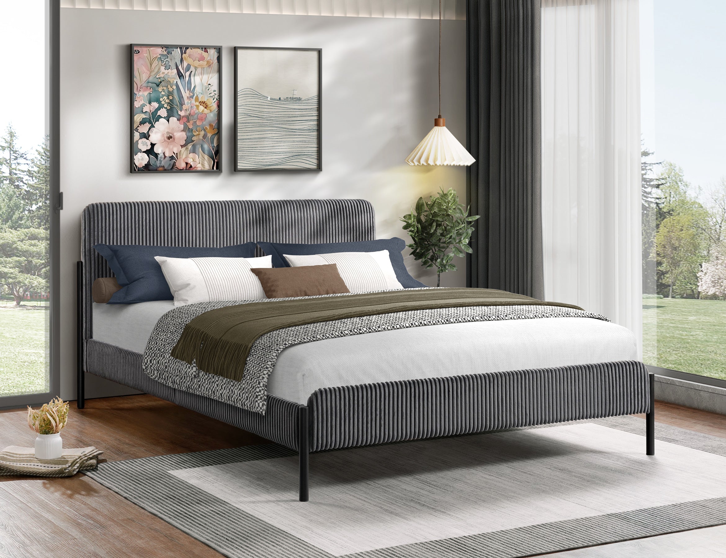 Wallace grey corduroy channel-tufted bed