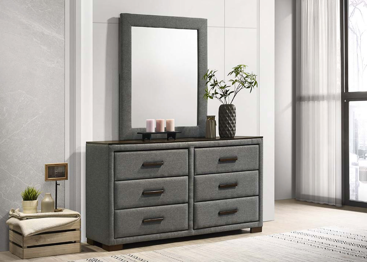 IF-180 bedroom set upholstered headboard close-up with brown wood accents