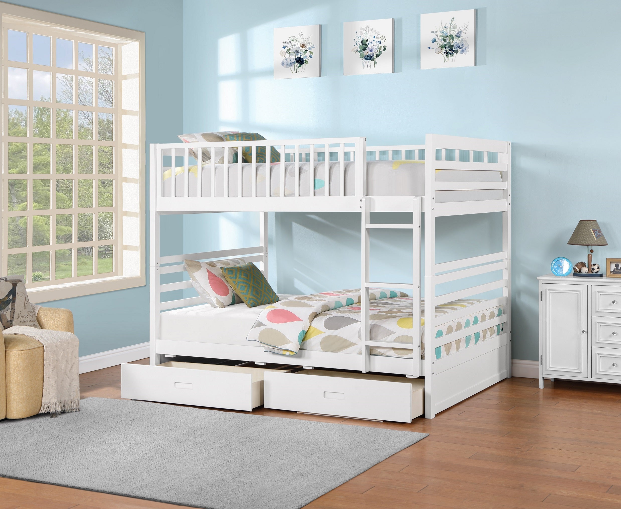 White double over double bunk bed with storage drawers