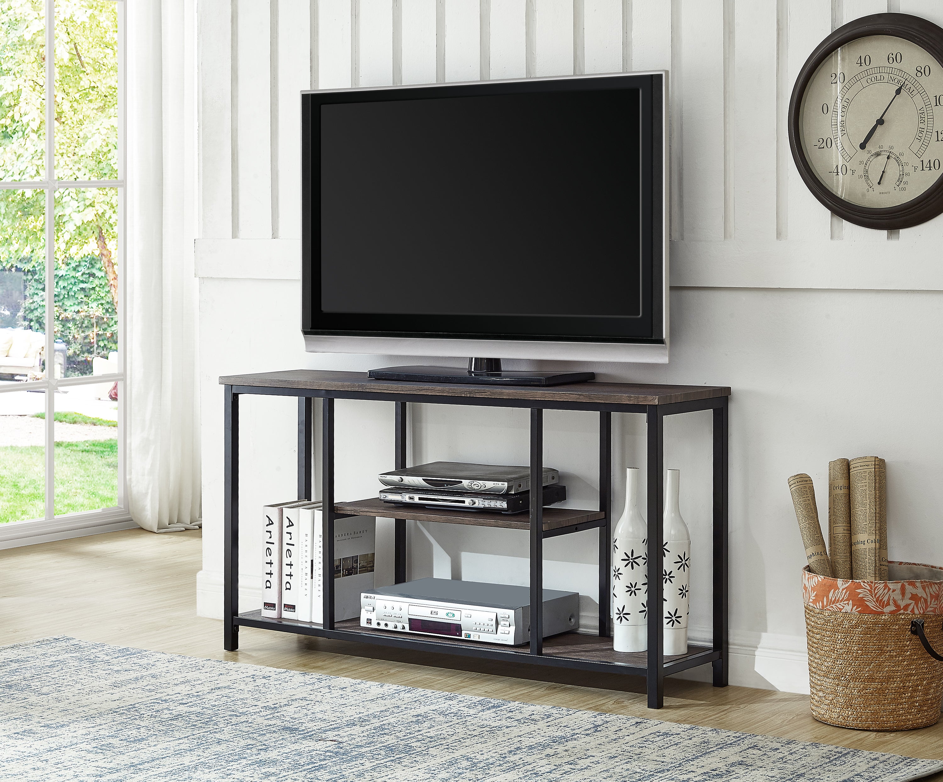 Sterling industrial TV stand in distressed wood and metal