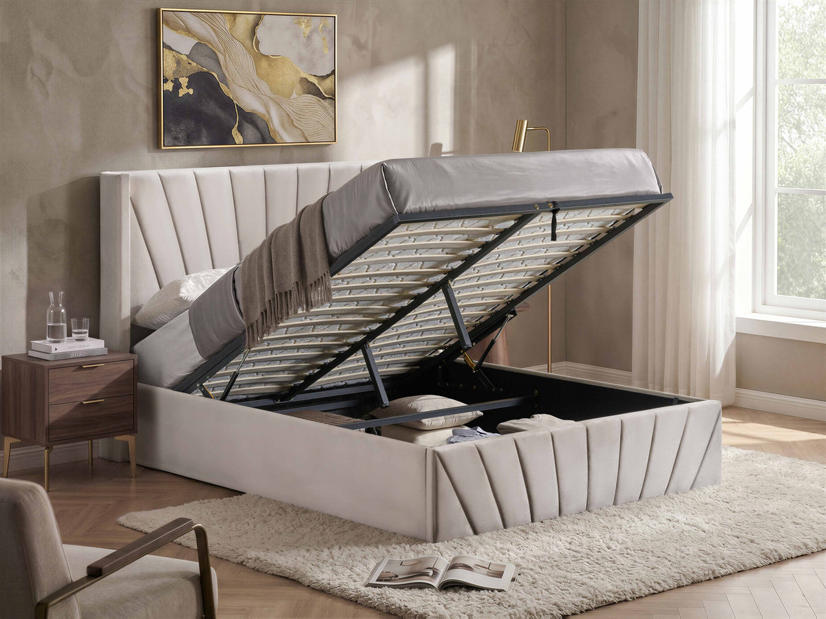 Fanshawe ivory velvet fan-tufted lift storage bed