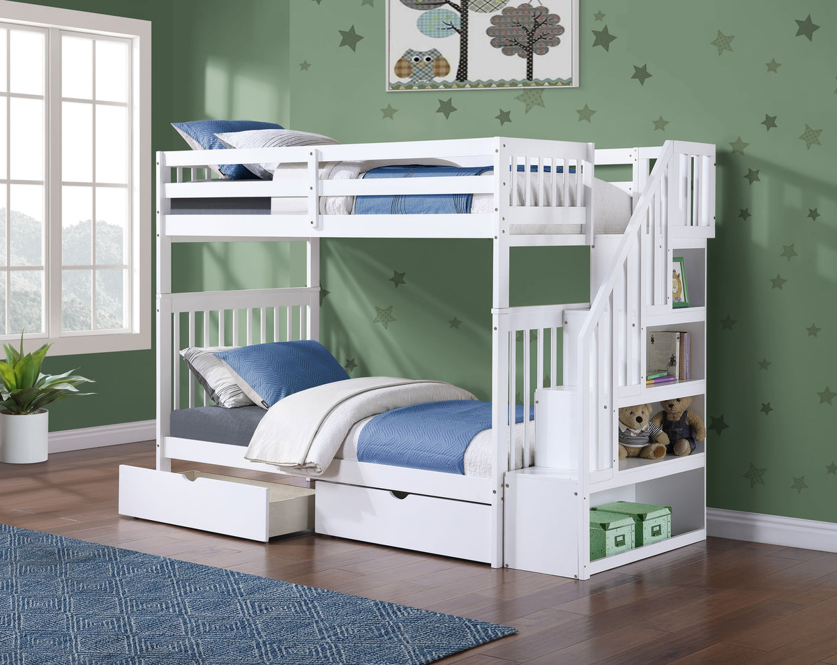 Rondeau white mission bunk bed with reversible stairs single over single