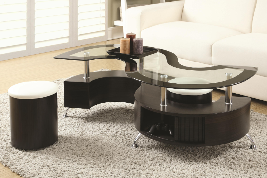 Corktown espresso coffee table with two tuck-away stools