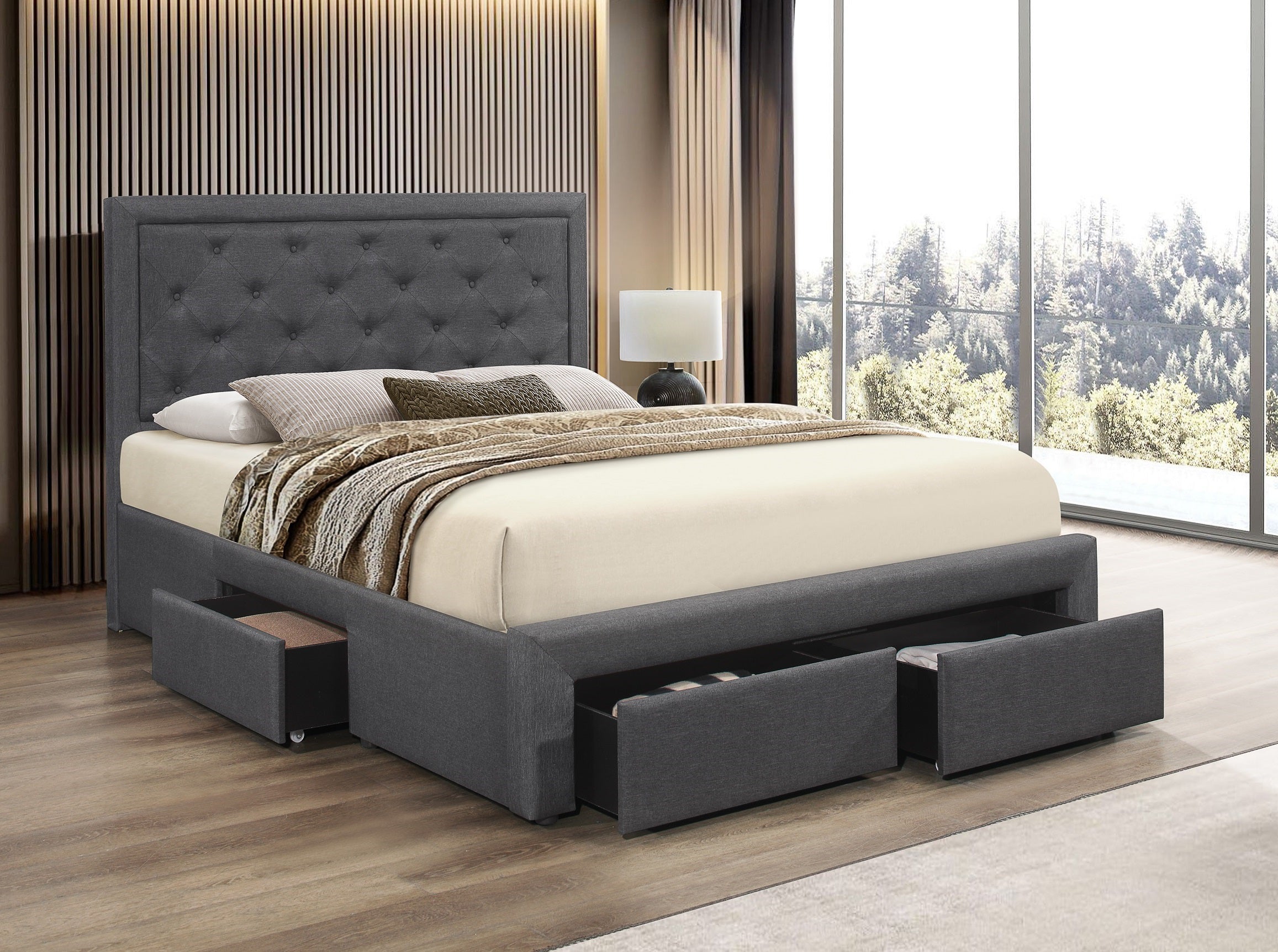 Sammon dark grey fabric bed with three storage drawers