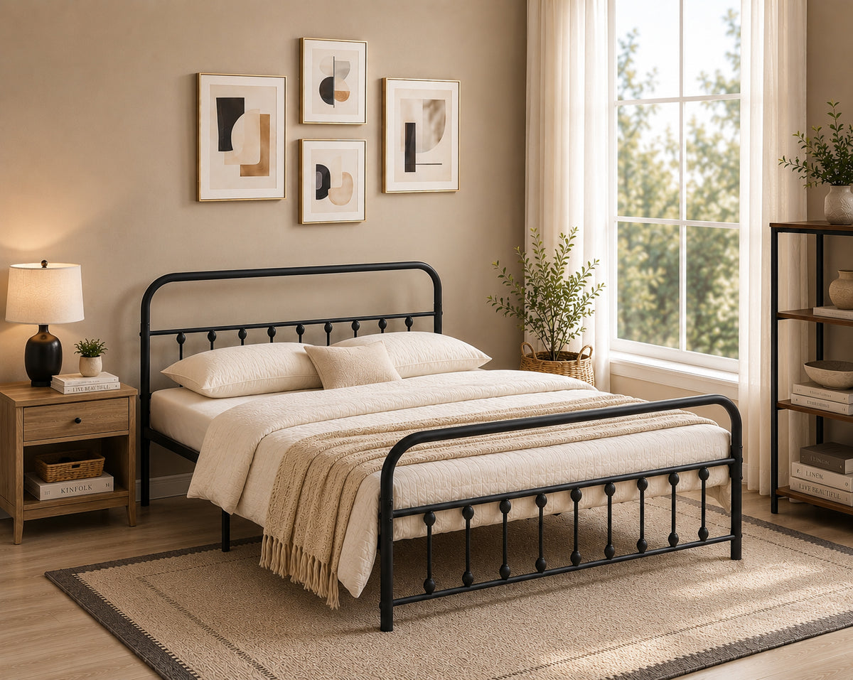 Silverthorn black steel platform bed with under-bed storage