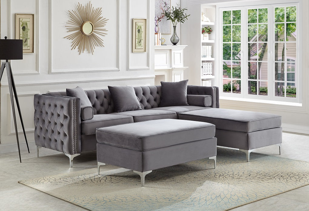 Sherwood grey velvet sectional with reversible chaise