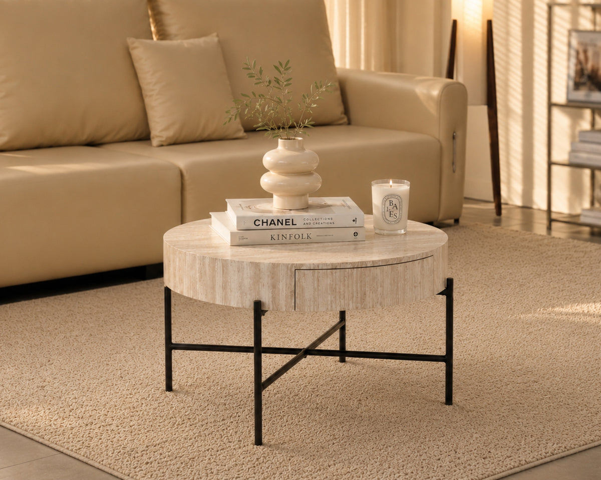 Redpath round coffee table with hidden storage drawer