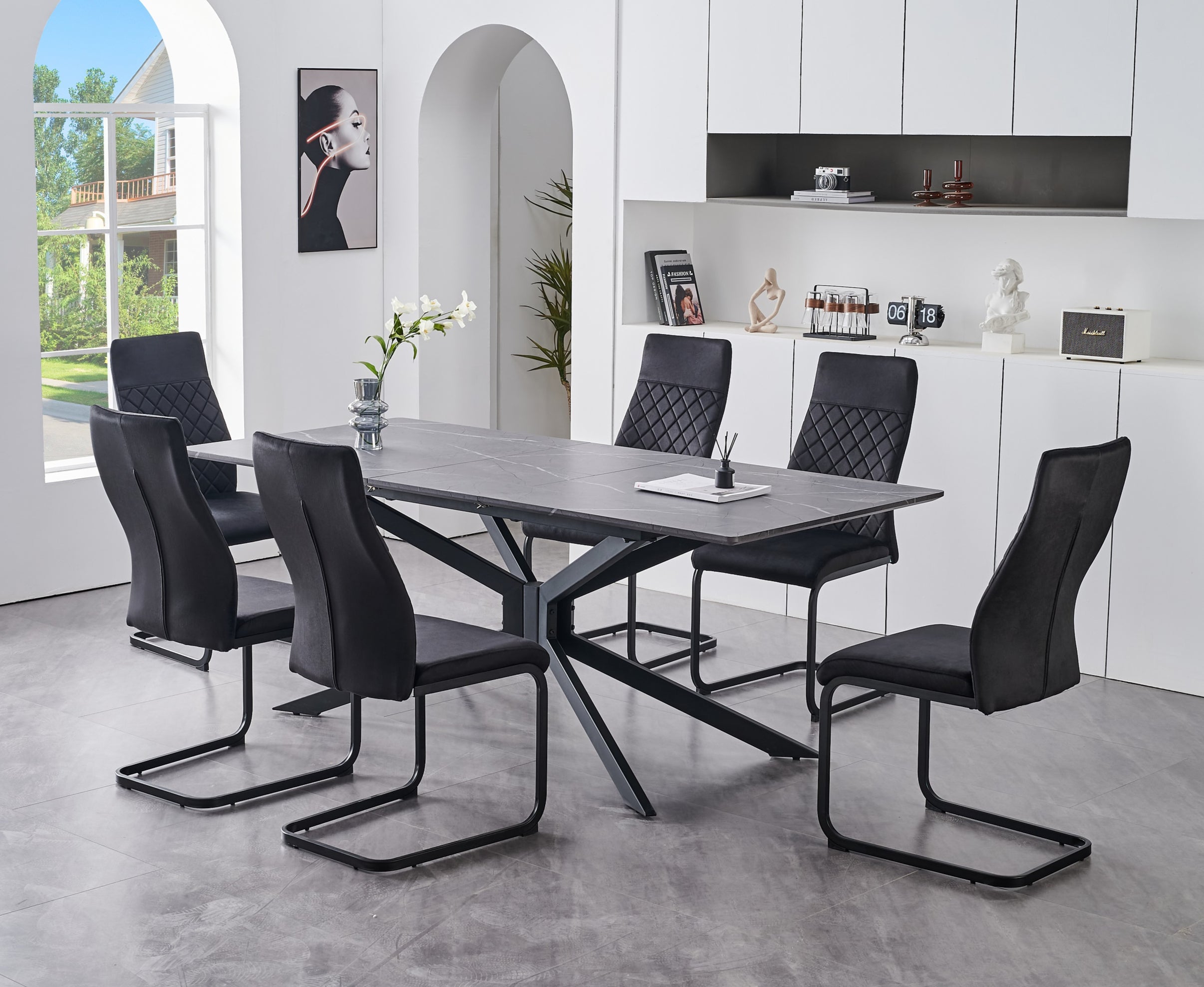 Cookstown 7-piece extension dining set with grey marble top