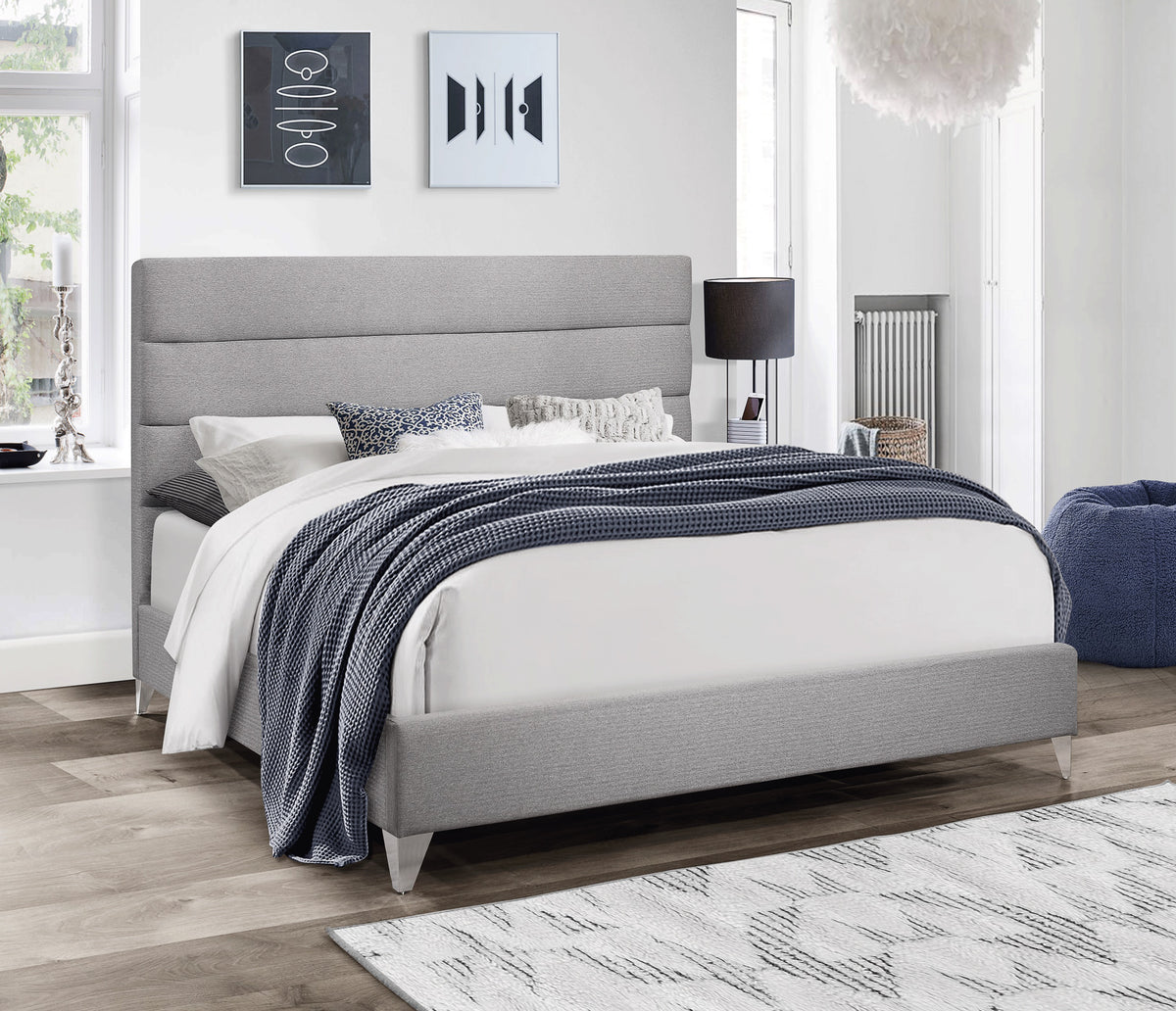 Strathmore grey fabric bed with horizontal tufted panels