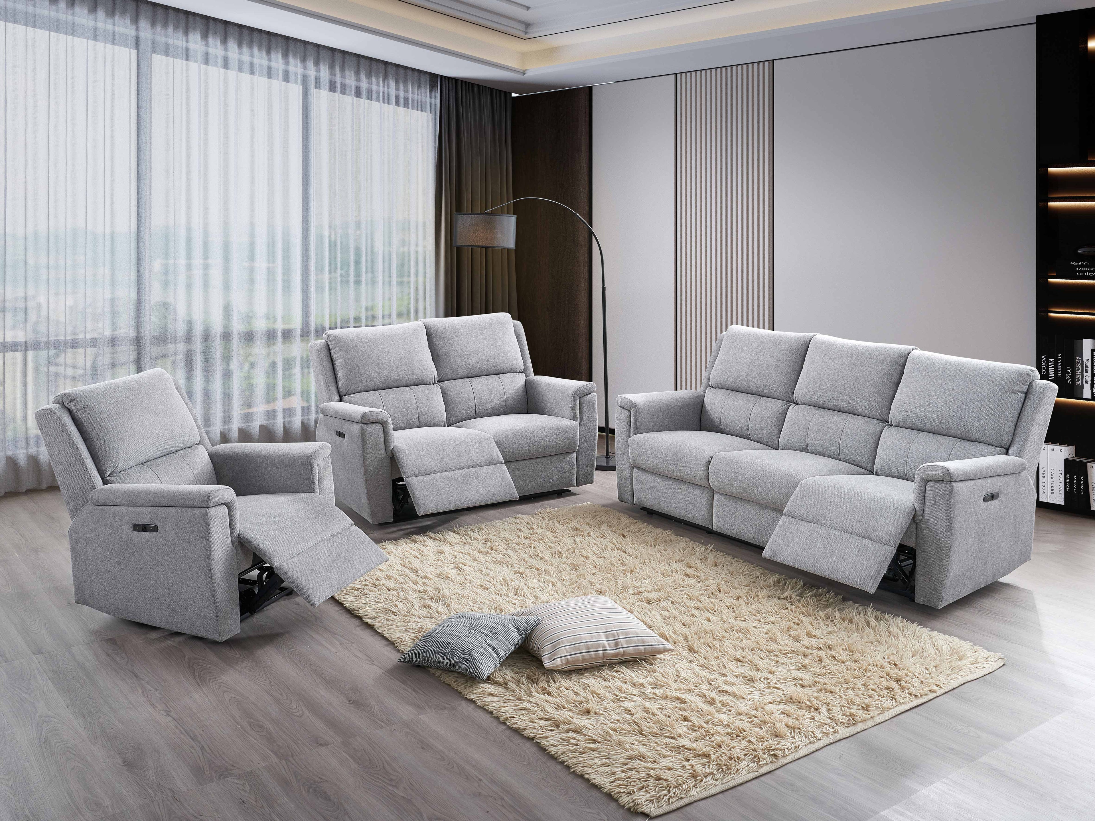 Grey fabric power reclining sofa set with USB charging ports