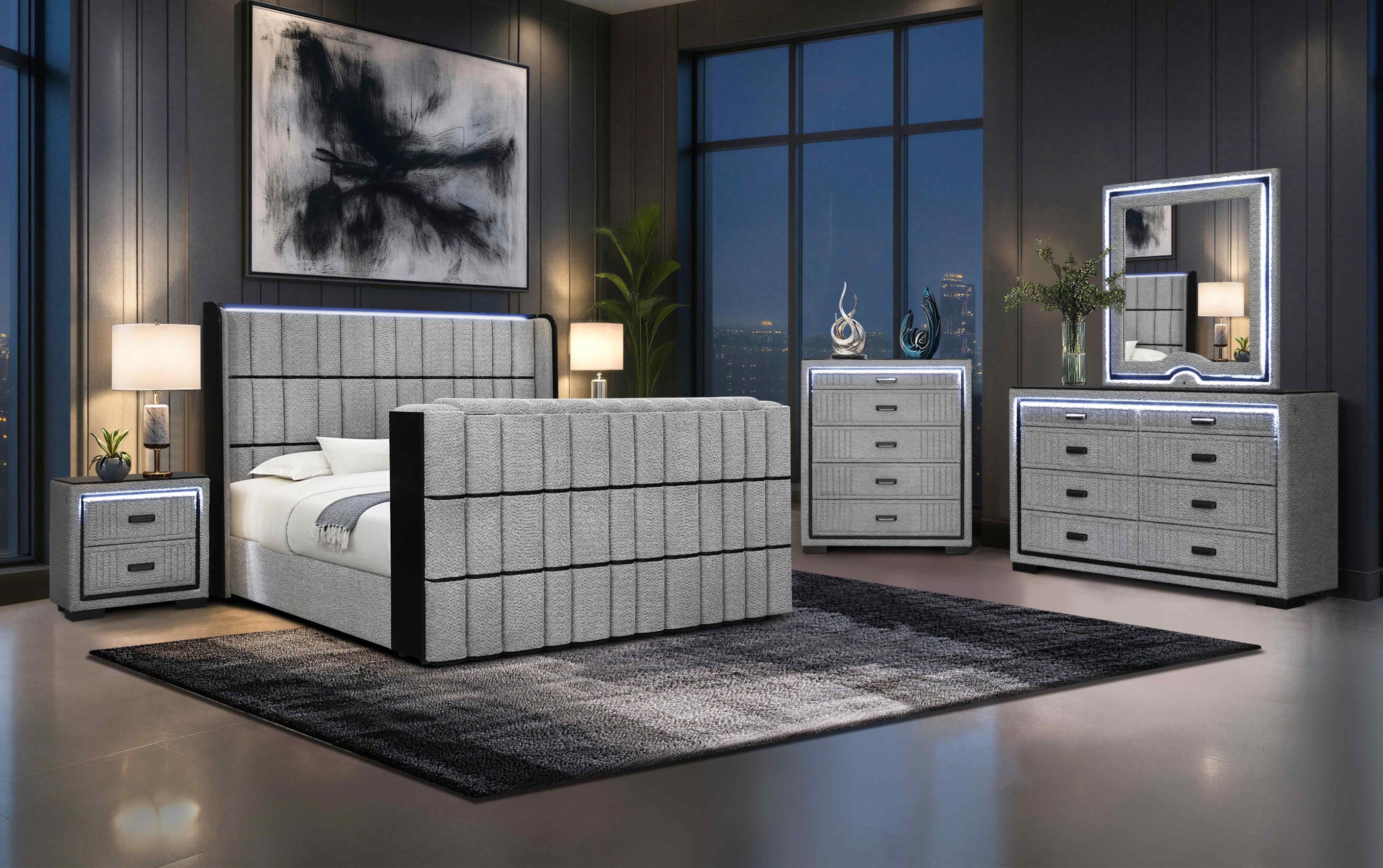 Isabella-Grey bed with built-in TV lift and fireplace footboard